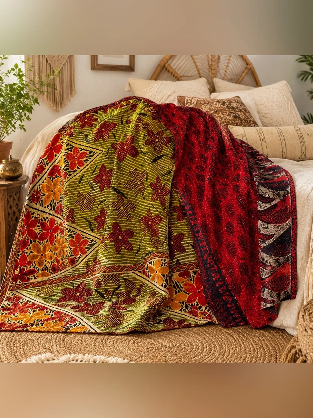 ConneXions Fair Trade Kantha Quilt Throw Recycled Sari Handmade India Boho 36x80